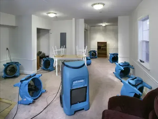 Air movers and an LGR dehumidifier running in a room after a leak