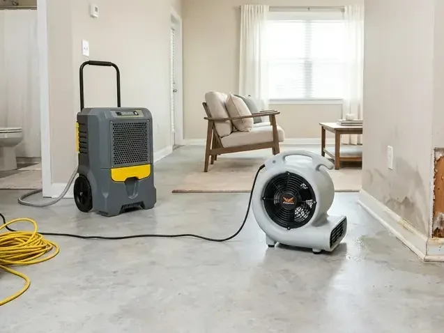 LGR dehumidifier and an air mover running in a living room after a leak