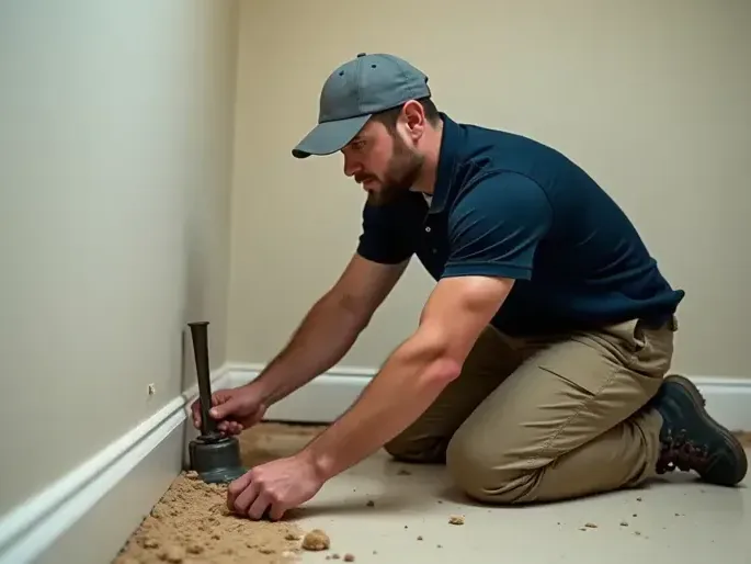 Technician holding a moisture meter against a wet baseboard