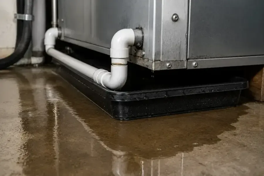 Condensate water spilling past an air handler drain pan