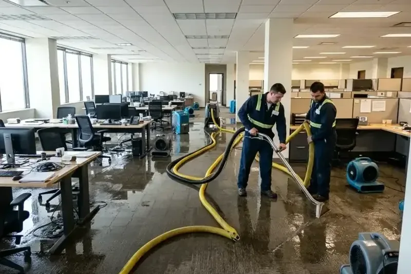 Crew extracting water from office carpet with air movers lined up