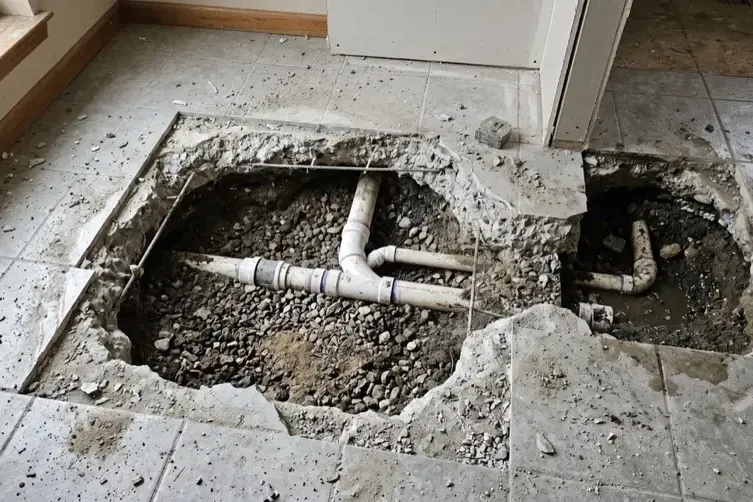 Tile and concrete cut open to expose a leaking pipe under a slab